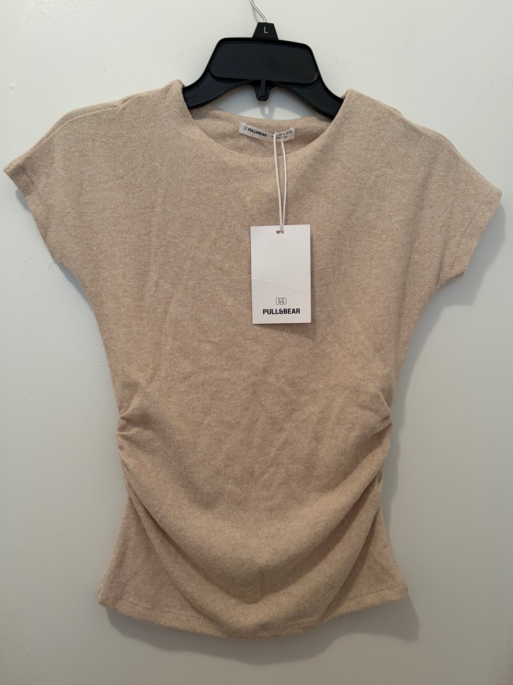 Pull & Bear: Women's Soft Touch Gathered T-Shirt, Color: Beige, Size: Small